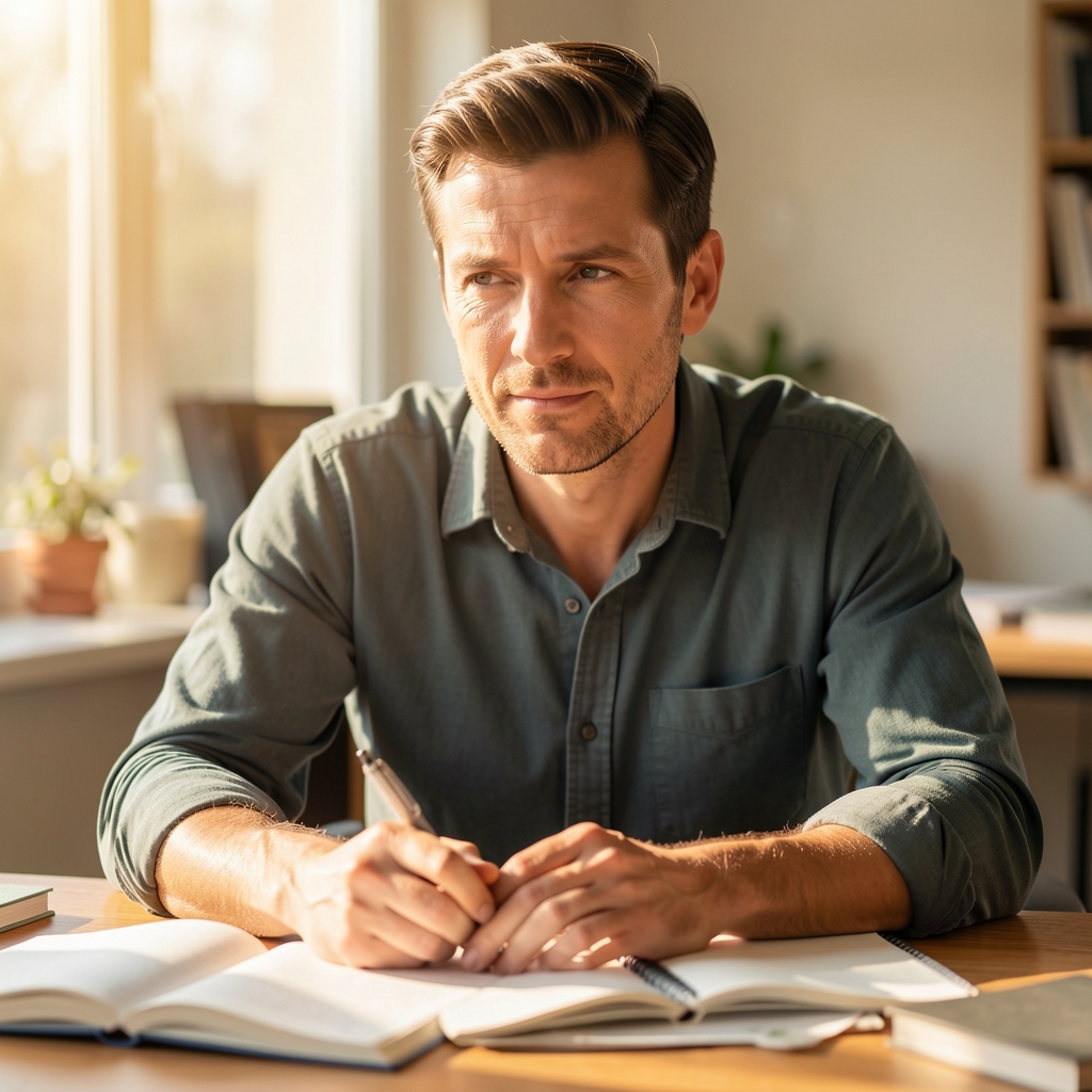 Male editorial portrait in a warm sunlit workspace, nutrition notebooks open on desk, thoughtful expression