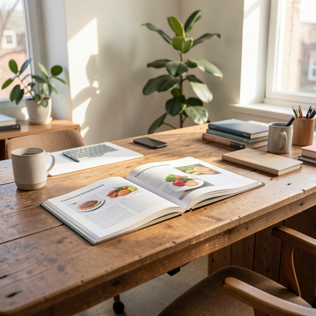 Bright editorial workspace with wooden desk, open nutrition research journals, afternoon natural light streaming in