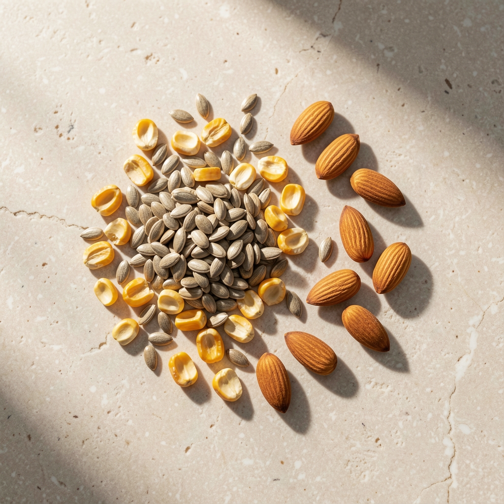 Zinc-rich seeds, pumpkin kernels and whole almonds on pale stone surface, editorial overhead flat lay with natural morning light