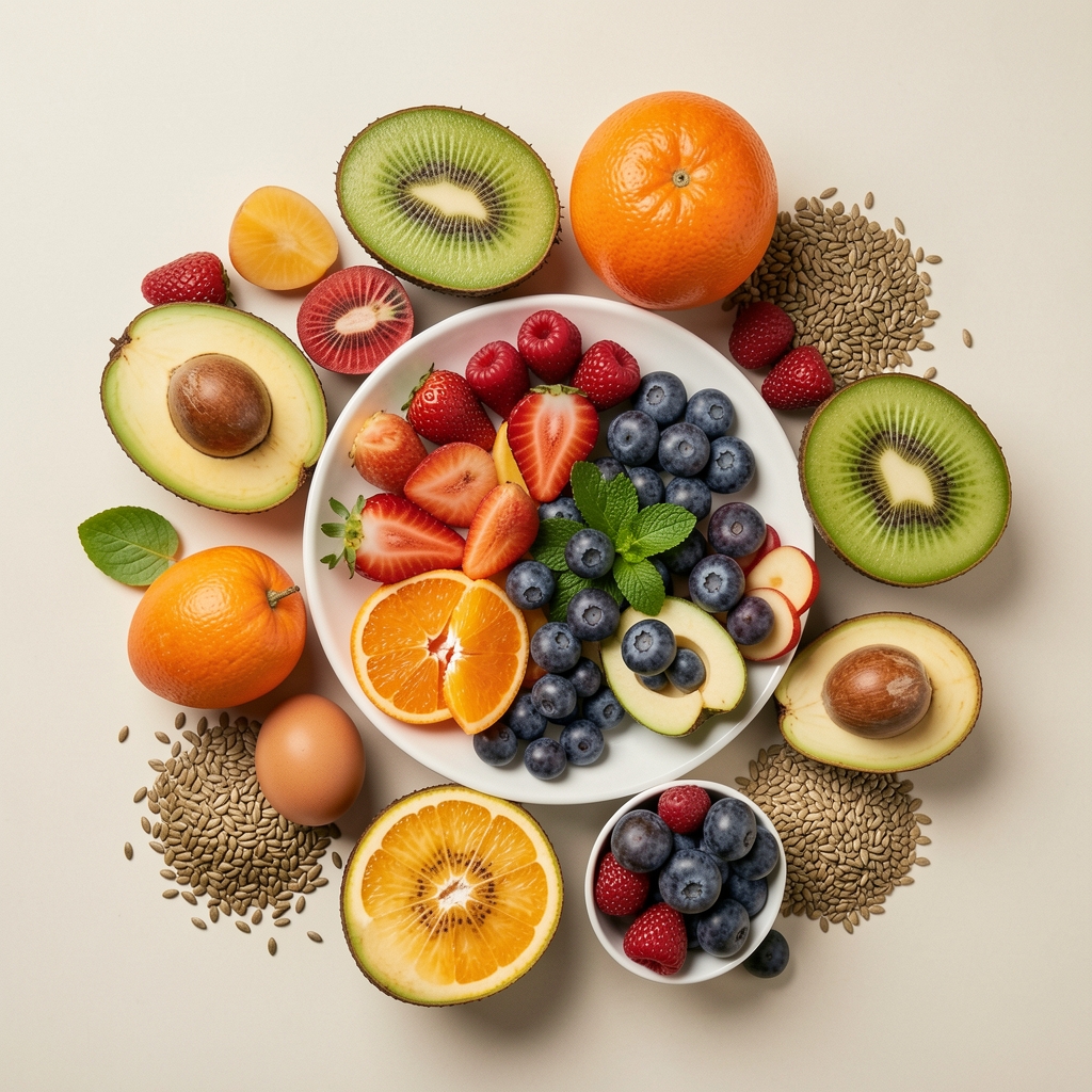 Colourful whole foods including tropical fruits, eggs, and seeds arranged on a pale neutral surface, overhead editorial composition