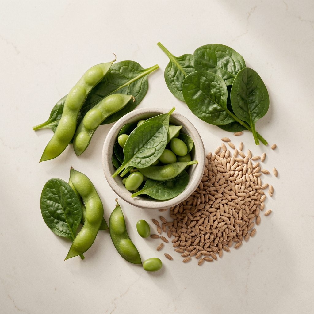 Magnesium-rich green foods including spinach, edamame and whole grains on pale editorial surface, overhead natural light composition