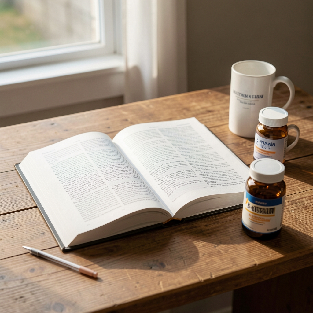 Open nutrition journal on wooden desk beside B-vitamin complex supplements and morning light, editorial composition
