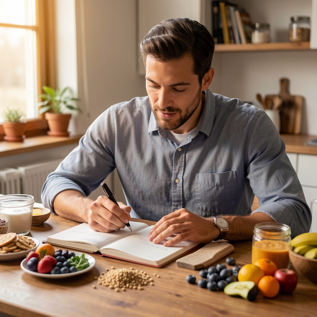 Active man reviewing his morning nutrition journal on a wooden desk, warm editorial light, whole food ingredients nearby