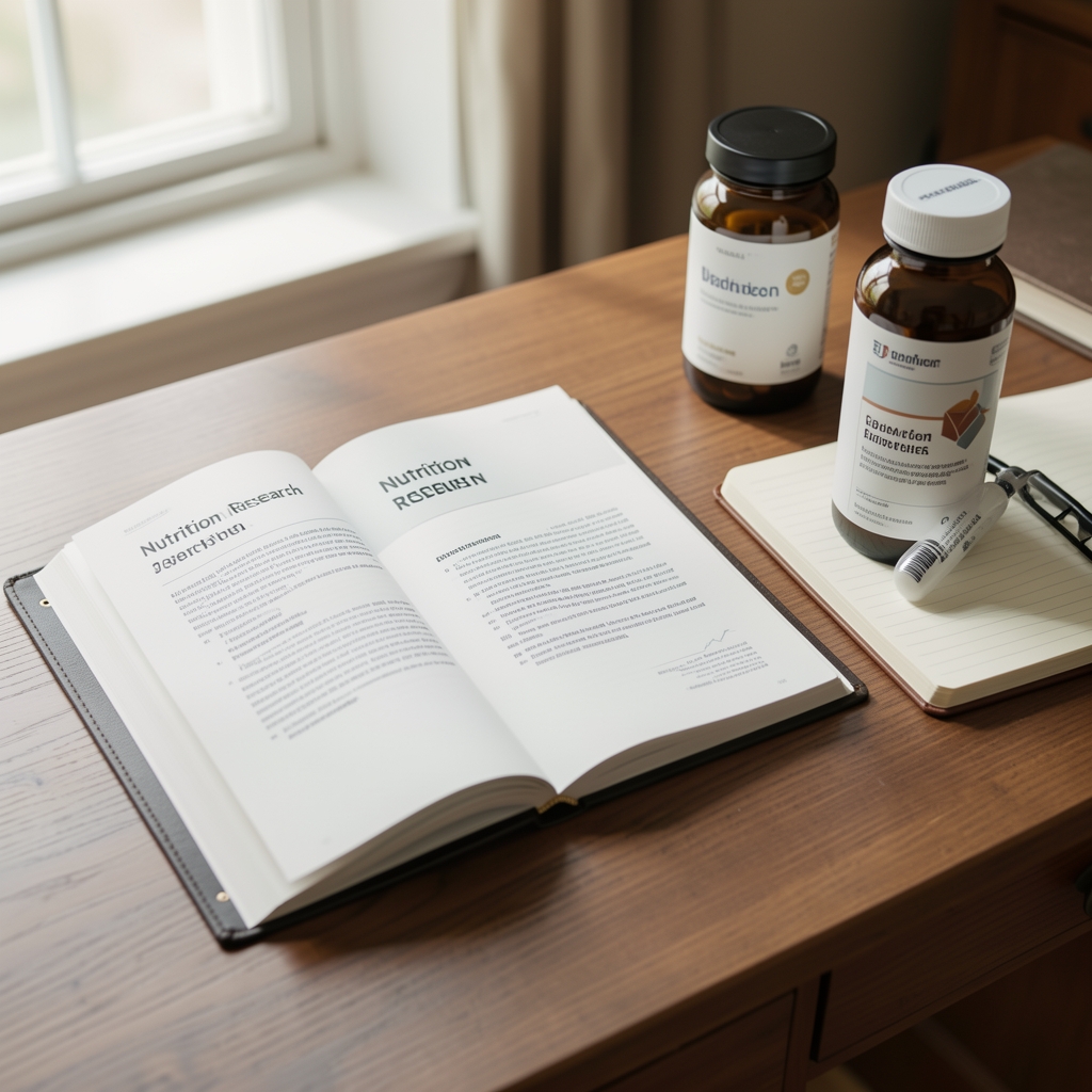 Open nutrition research journal on a wooden editorial desk, natural morning light, supplement reference materials beside notebook